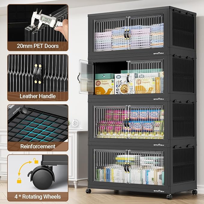 BROVIEW 800Qt Stackable Storage Bins with Lid for Home Dorm, 4Pack Black | Closet Organizers, Foldable & Collapsible Cabinets, Large Containers, Wheels & Magnetic Doors, Plastic Drawers for School