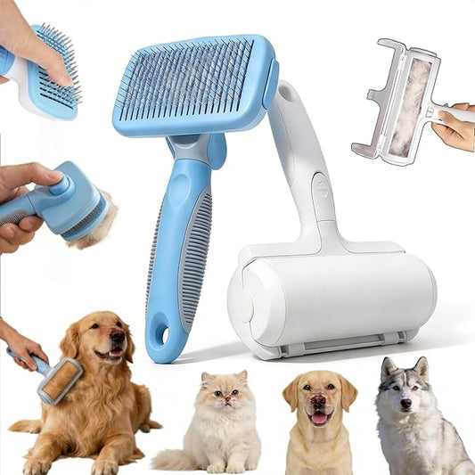 Pet Hair Remover Tool 2 Pack - Pet Hair Brush + Reusable Lint Roller, for Long/Short Hair Indoor Cats & Dogs Shedding, Pet Fur Remover for Furniture, Car, Couch, Bedding