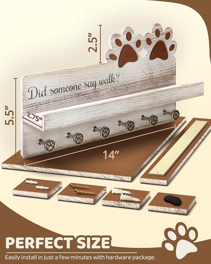 MTERSN Dog Leash Holder for Wall with Shelf for Dog Food & Leash, White | 3D Dog Paw Six Hooks, Adorable Key Rack, Wooden Wall Organizer with Shelf, Pet Leash Storage, Cute Home Accent for Wall Decor