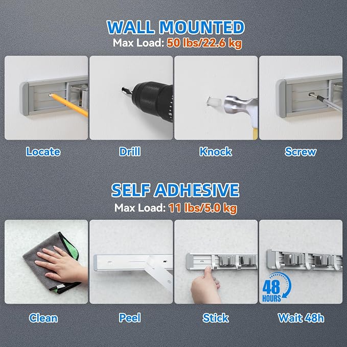 reliahom Broom Holder Wall Mount Mop Hanger Tools organizer 4Racks 5Hooks | Adjustable Stick or Screw Mop Broom Wall Hanging Tool Storage Rack Space-saving for Garage,Kitchen,Laundry Room,Garden,Silver