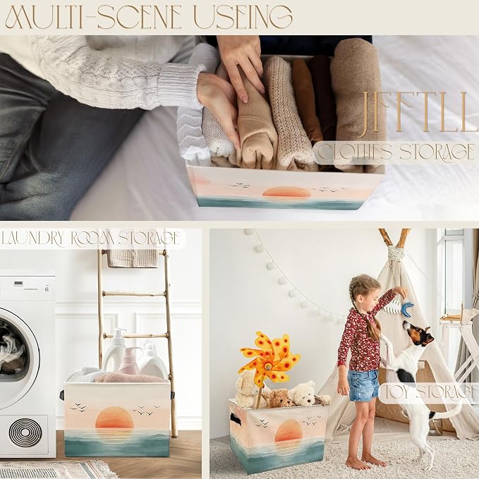 Boho Coastal Beach Sunset Storage Bins with Handles, Watercolor Coastal Ocean Landscape Collapsible Laundry Basket Storage Box for Home Bedroom Bathroom Clothes Toys Books