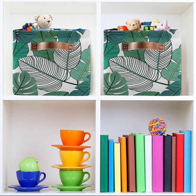 Tropical Leaves Bin - Large Storage Basket for Home Office (15x11x9.5inch)