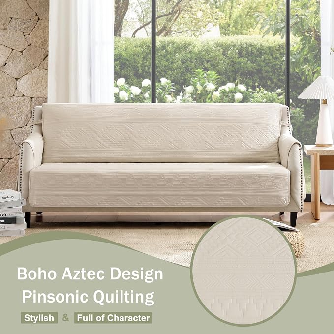 Boho Quilted Couch Covers with Pockets, Pet-Friendly Aztec Couch Covers for 3 Cushion Couch Sofa, Beige Couch Cover for Dogs Water-Repellent Sofa Covers Washable (Large Sofa 68", Beige)