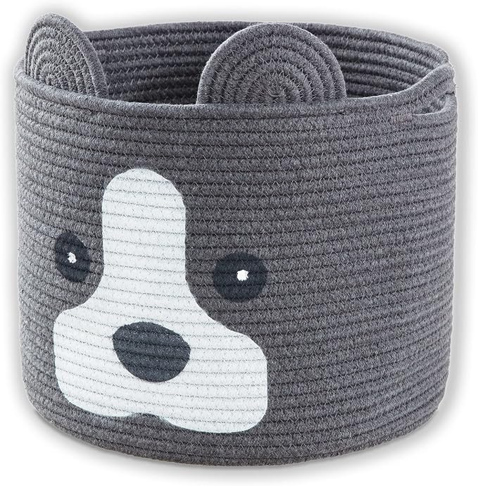 Medium Dog Woven Baskets with Handle, Dog Toy Hamper, Cotton Rope Dog Toy Storage Baskets for Pet, Animal Basket for Kids, Baby Gift Baskets for Dog Lovers, Dark Grey