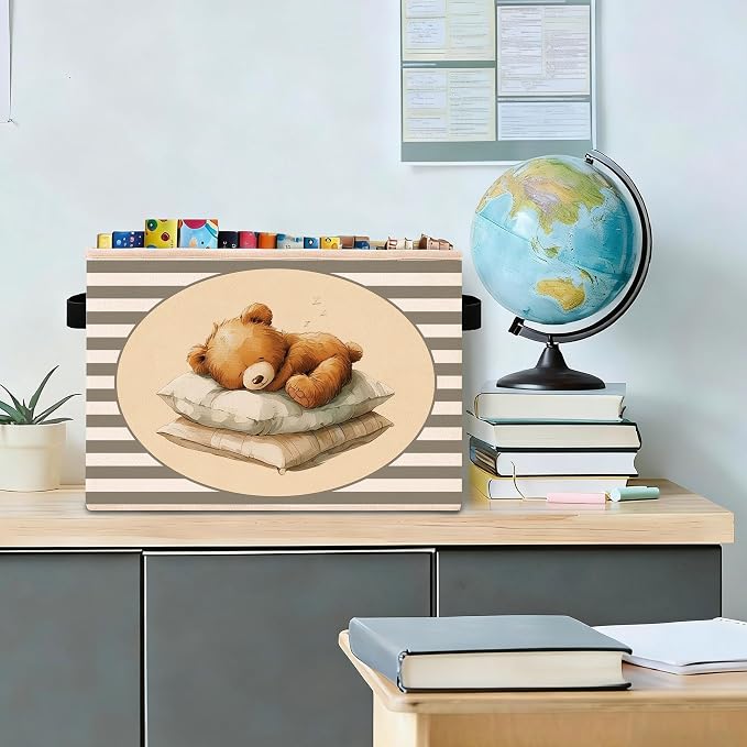 Sleeping Teddy Bear Gray Stripe Foldable Fabric Storage Bin | Sleeping teddy bear gray stripe design; foldable fabric storage bin for kids room, nursery, playroom, toys, books.