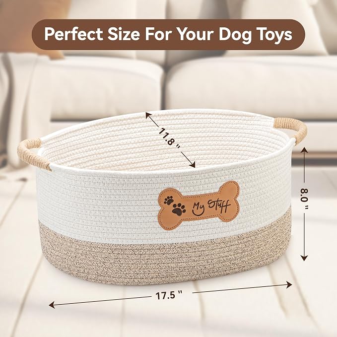 Dog Toy Basket|Cotton Rope Dog Toy Bin With Handle, 17.5"L×11.8"W×8"T