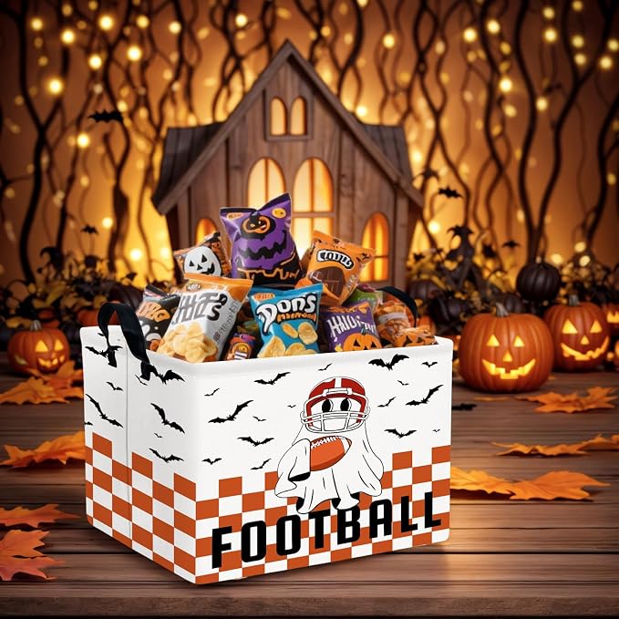 Halloween Basket Gift Cute Ghost Parties Decor Kid Trick or Treat Basket for Boys and Girls Rectangular Storage Bin Box (Football Bat)