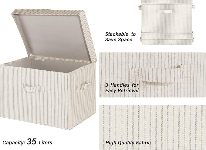 StorageWorks Fabric Storage Bins with Lids, Closet Storage Bins | Flip-Top Lid, 3 Handles, Collapsible, Stackable, for Clothes Blankets, Multi-Purpose, Jumbo, Khaki and Beige Stripes, 2-Pack
