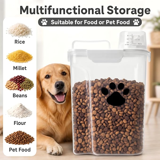 5-7Lbs Dog Storage Container with cleaning brush and Measuring Cup | Airtight Portable Pet Food Containers with Upgraded Large Spout and Cup for Dogs,Cats,Birds,2 Packs（3L+5L） White