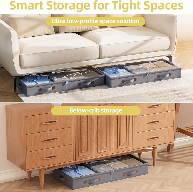 FHSQX Under Bed Storage Container 2Pack 3 Inches Low Profile Under-bed Organizer Bins Slim Under Couch Storage Box Ideal For Seasonal Clothes Blankets Towel Fabric (2, Drak Grey, 31.5 * 17 * 3in)