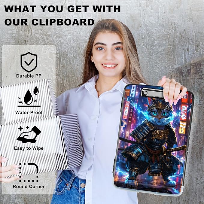 A4 Clipboard with Storage Pen Holder, Clipboards Organizer Nursing Clipboard Foldable File Folder Plastic Clipboard Folio Clip Board for Office Work Classroom Doctor, Blue Flame Cat