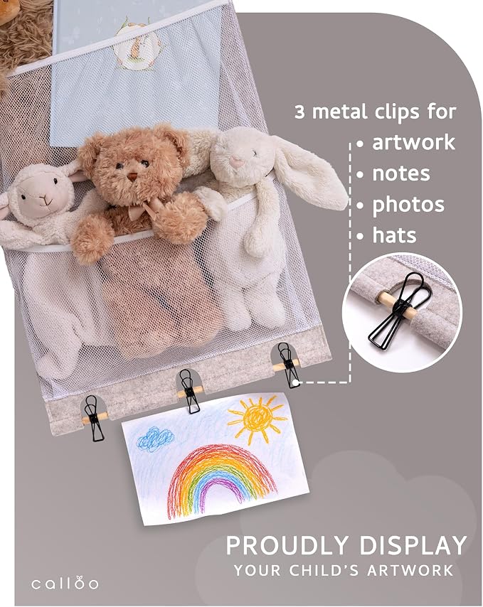 Over the Door Stuffed Animal Storage for Kids – Felt Organizer with Clips to Display Art and Mesh Pockets for Stuffies, Books and More – Space-Saving Hanging Design that Grows with your Child