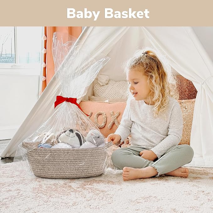 CHICVITA Small Woven Rope Gift Basket, Decorative Shelf Basket, Brown | 13" x 10" x 5" Storage Baskets for Toys, Diapers & Baby Essentials, Fits Nursery & Bathroom Organization, Built-In Handles