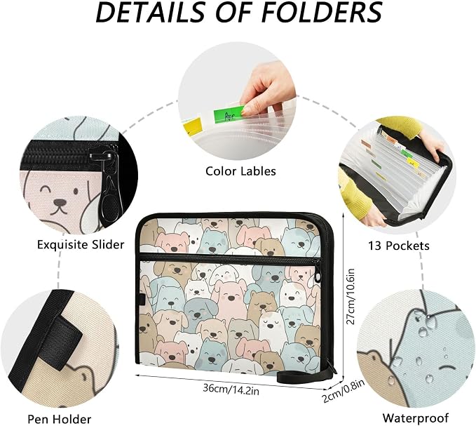 Cute Cartoon Dogs Expanding File Folder with Sticky Labels, 13 Pockets Accordion File Folder Document Organizer Expandable Zip File Folder with Zipper Closure