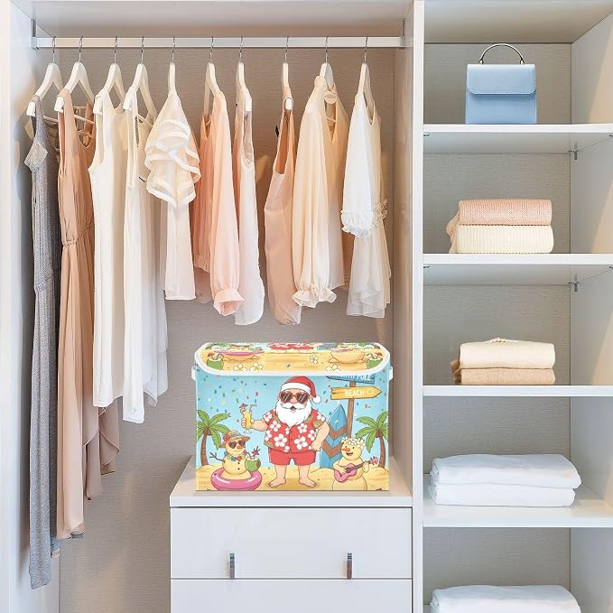Fabric Storage Bins with Lid Tropical Santa Beach Closet Storage Basket 40L | Foldable & Stackable, Flip Top Dust Guard, Reinforced Handles, Home & Bedroom, Clothes & Toys, Oxford Print Basket