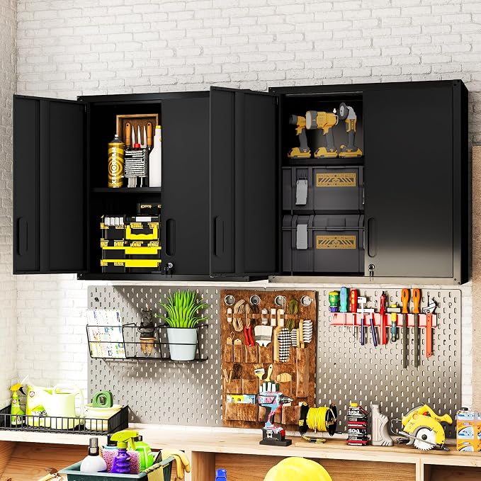 Garage Wall Cabinet,29.5" W Wall Mounted Garage Cabinets with Adjustable Shelf,Heavy Duty Lockable Metal Cabinet,Secure Hanging Tool Cabinet for Basement,Laundry Room,Basement,Workshop,Black