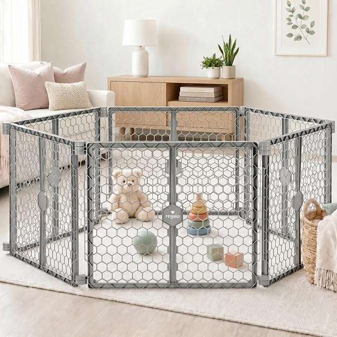 Regalo Safety 192" Plastic 2-in-1 Super Wide Baby Gate & Play Yard | Adjustable Playpen, For Doorways & Open Spaces, For Babies, Toddlers & Pets, Gray, Tested & Trusted for 30 Years