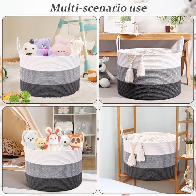 67L Large Woven Blanket Basket, Cotton Rope Baby Laundry Hamper with Handles, Kids Toy Basket for Classroom & Nursery, Soft Round Stuffed Animal Storage, Dog Toy Bin - 20"x13", Gray