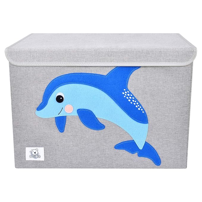 Large Toy Box Storage with Lid, Foldable Fabric Toy Chest Storage for Kids | Toy Organizer Basket, Collapsible Animal Print Storage Bin for Toddlers, Boys and Girls, Playroom, Baby Nursery (Dolphine)
