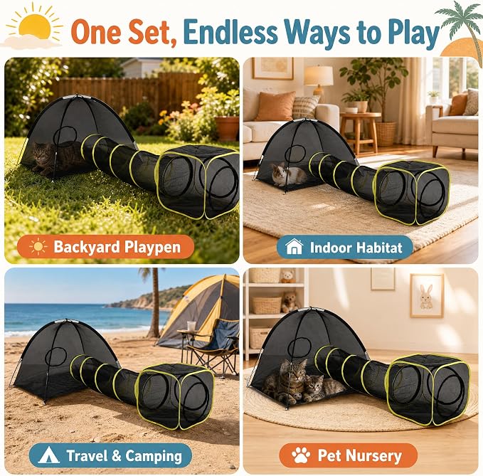 Extra-Large Outdoor Cat Tent for Indoor Cats, Portable 3-in-1 Mesh Cat Enclosure with Tunnel & Playhouse, Outside Cat Playpen for Small Animals, Pop Up Catio with Harness Leash and Tease Ball
