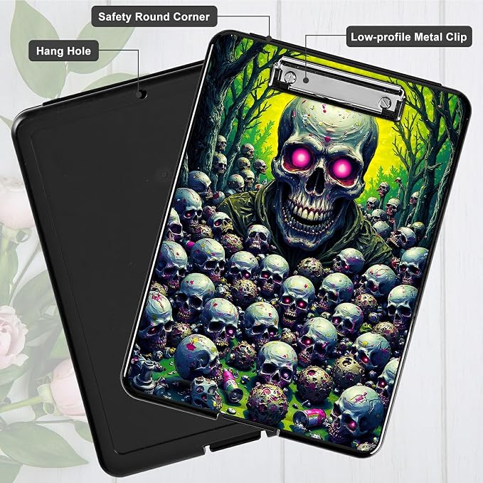 Heavy Duty Storage Clipboard, Slim Nursing Clipboard with Internal Pen Case, Portable File Organizer Case for A4 Letter Size Paper Office Medical Professionals, Forest Skull