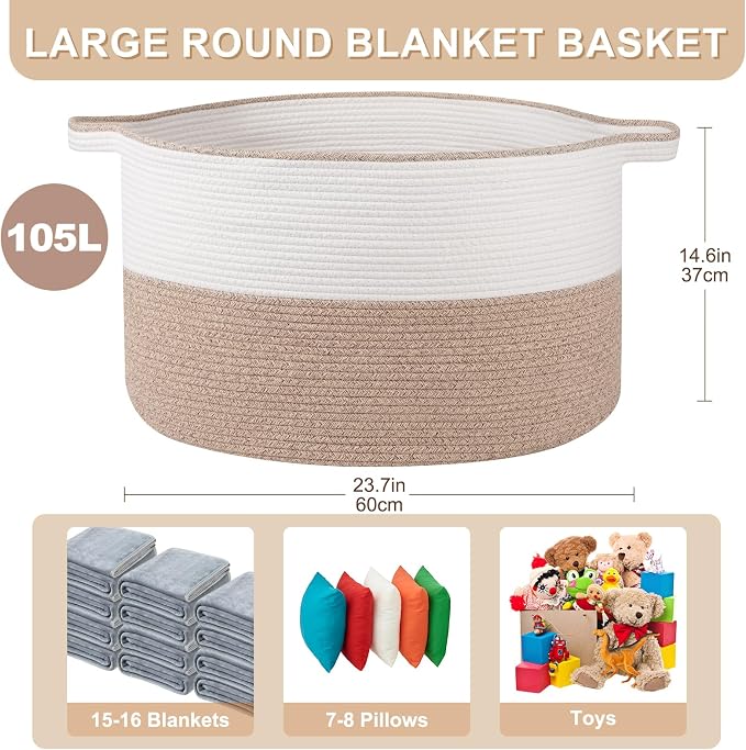 OIASKET XXL Large Blanket Basket with Handles, 105L Woven Storage Basket for Living Room, Cotton Rope Baby Toy Storage for Clothes, Pillows, Towels-Brown & White