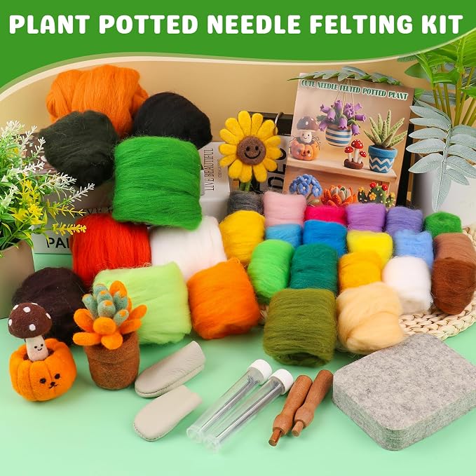 Needle Felting Kit for Beginners, 28 Colors Wool Roving DIY Succulent Plants Craft Set with Felting Needles, Pad & Tools, Wool Felt Kit for Mini Potted Plants Home Decoration & Christmas Gift