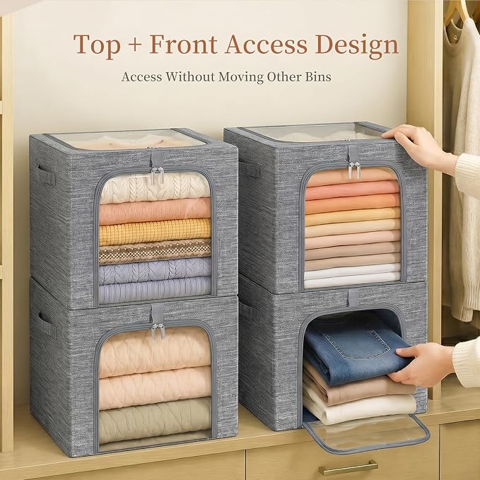 GoMaihe Clothes Storage Bins with Metal Frame for Closet, 40L 6-Pack Grey | Sweaters Hoodies Jeans T-Shirt, Closet Top Shelf Organizer, Steel Frame Collapse-Proof, Stackable, Clear Window, Dual Access