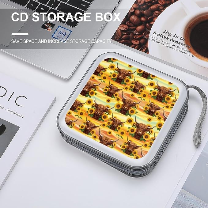 40-Disc CD/DVD Organizer Wallet Highland Cow Sunflowers, Heavy-Duty Hard Plastic Binder, Portable Storage Case with Carry Strap for Car