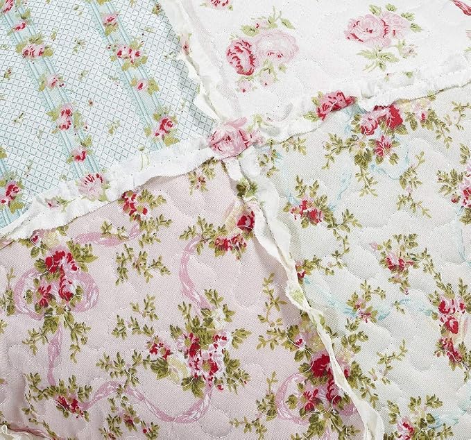 Brilliant Sunshine Pink & Green Roses Ruffle Pillowshams Set, 18"x18" | Patchwork Design with Ruffles, Quilted Pillow Covers, Washable Throw Cushion Cases for Couchs and Beds, Pack of 2