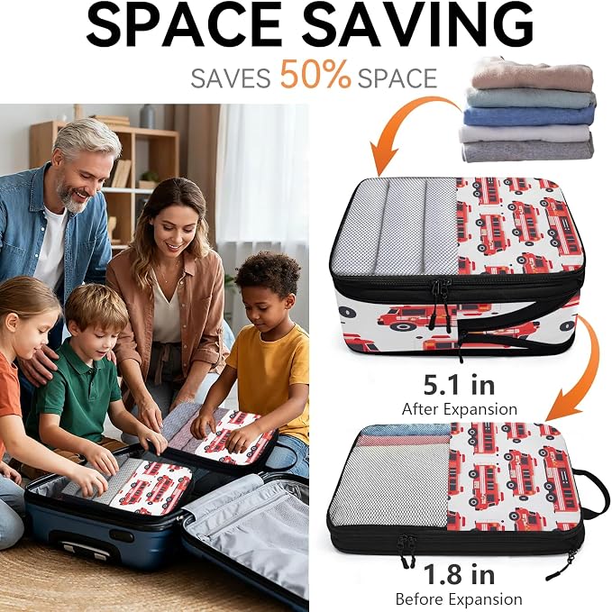 Fire Trucks Compression Packing Cubes Car 6 Set Travel Packing Cubes for Suitcases Lightweight Expandable Organizers
