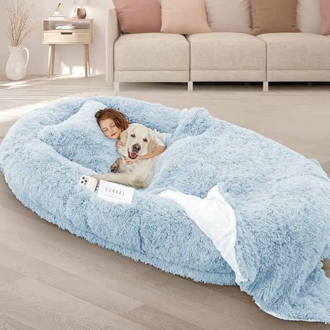 ROOMTEC Human Dog Bed, 71''x45''x12'' Size Fits Adult and Pet Washable Giant People Bed 10 CM Thick Memory Foam Large Oversize Pet Bed with Plump Pillow, Blanket, Strap - Blue