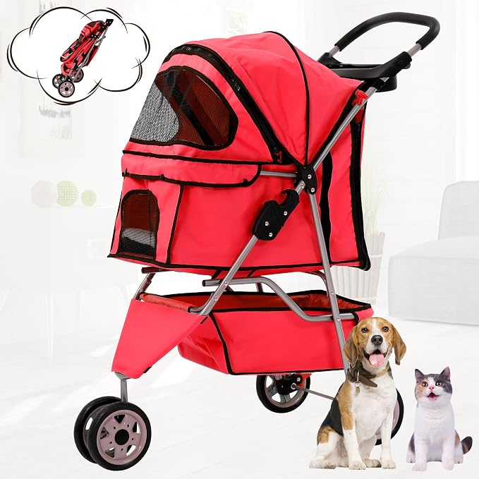 BLKMTY Folding Dog Stroller, 3 Wheels Pet Stroller, Foldable Cat Strollers Waterproof Travel Carrier Strolling Cart for Puppy Jogger with Cup Holder & Storage Basket, Red