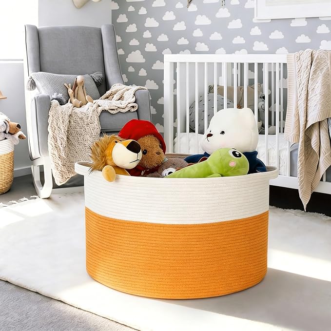 MEGASKET Large Orange Storage Basket, 22"x14" Soft Woven Cotton Rope Storage Bin, Decorative Dog Kid Toy Box, Big Blanket Basket for Living Room Bedroom, Round Basket for Shoes, Towels, and Decoration