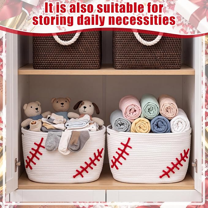 RattanView Baseball Cotton Rope Basket, Brown Woven Storage with White Stitch Pattern, 15 x 9 x 10 in, Empty Baseball Gift Organizer for Books, Room and Sports Decor