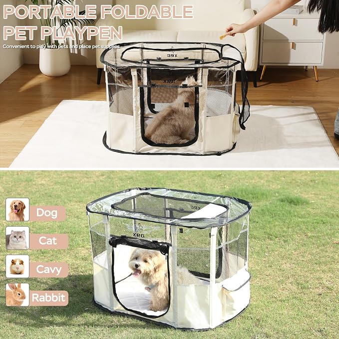 XRG Foldable Dog Playpen with pad，Indoor Cat Kennel L(35.4"x27.6"x23.6") | Portable Dog Crates with Upgrade Breathable Mesh，Sturdy Cat cage Indoor & Outdoor for Rabbit or Small Animals,Beige