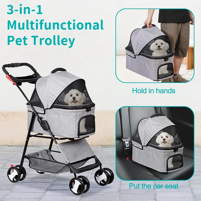 4 Wheels Foldable Pet Dog Cat Jogger Stroller Travel Carrier Strolling Cart w/Waterproof Cover Storage Basket Cup Holder & Detachable Carrier for Medium Small Cat Dog, Grey
