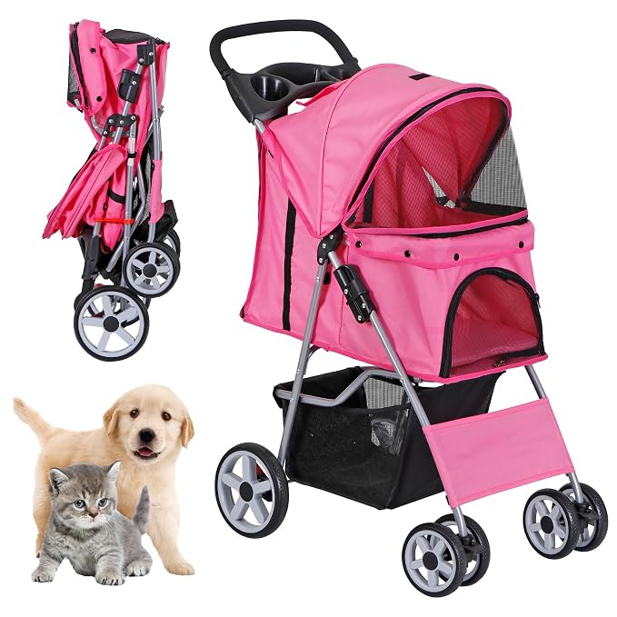 Pet Stroller for Medium Small Dogs - Easy to Walk Folding Travel Carrier Strolling Cart with Cup Holder, Weather Cover and Storage Basket (Pink)
