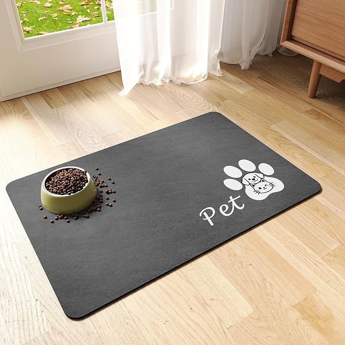Dog Cat Feeding Mat-Absorbent Pet Bowl Mat for Food and Water, Quick Dry Water Dispenser Mat for Floors with Waterproof Rubber Backing, Puppy Cat Placemat Mats for Messy Drinkers,16"x24",Dark Grey