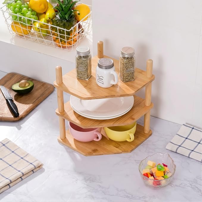 3-Tier Bamboo Corner Shelf, Kitchen Countertop Storage Organizer, Cabinet Plate Rack for Pantry Organization, Bathroom, Desktop, 9.4 x 9.4 x 11.4 Inch