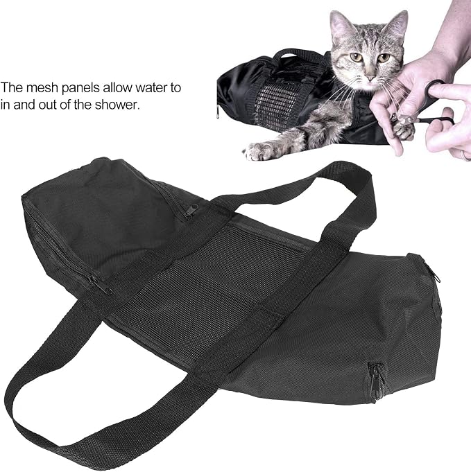 Cat Grooming Bag, Oxford Cloth No Scratching Pet Bathing Bag Portable Pet Nail Trimming Organizer with Mesh Panels for Water Flows Cat Bathing Nail Clipping Ear Cleaning