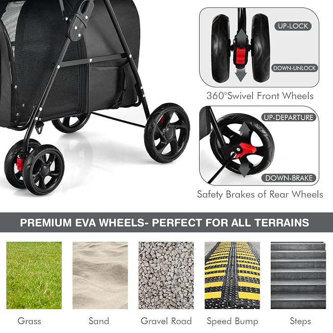 Giantex Double Pet Stroller with 2 Detachable Carrier Bags, Safety Belt, 4 Lockable Wheels, Folding Cat & Dog Stroller for Small Medium Pets, Cats Dogs Puppy Travel Strolling Cart (Black)