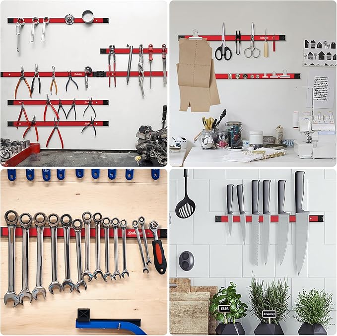 4 Pieces 18" Magnetic Tool Holder Strip, Red Magnet Bar, Metal Tool Organizer Rack for Garage Organization, Easy To Install in Workshop, Mounting Screws Included