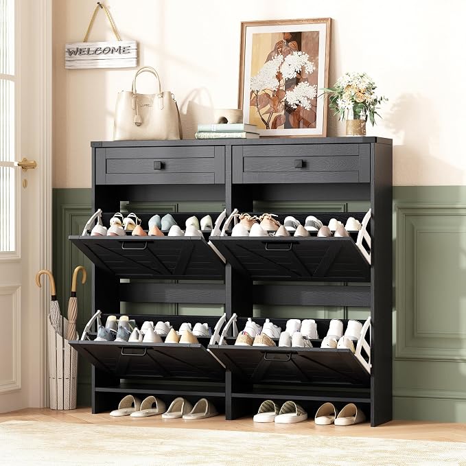Halitaa Shoe Cabinet with 4 Flip Drawers & 2 Drawers,Farmhouse Shoe Storage Cabinet for Entryway,Slim Freestanding Organizer Rack for Front Door Entrance,Black
