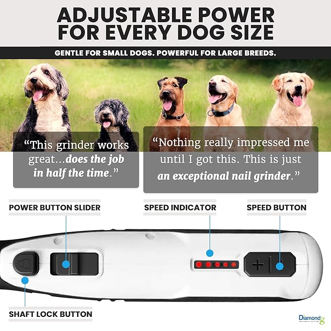 Diamondg Cordless Dog Nail Grinder with Quiet Sound & LED Tip for Large & Small Dogs, 4hrs. Runtime - Electric Dog Nail Trimmer, Heavy Duty Rotary Tool Alternative to Toenail Clippers & Filers