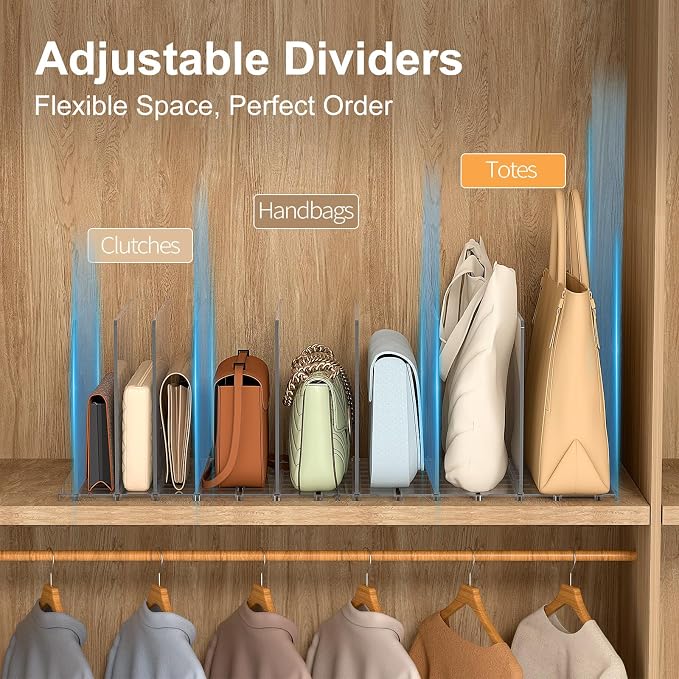 SortNStore Bag & Purse Organizer for Closet: Adjustable Clear Dividers | Plastic Clutch for Closet Organizers Handbag Storage - Keep Carteras & Pocketbook Upright 4 Pack - 14Dividers