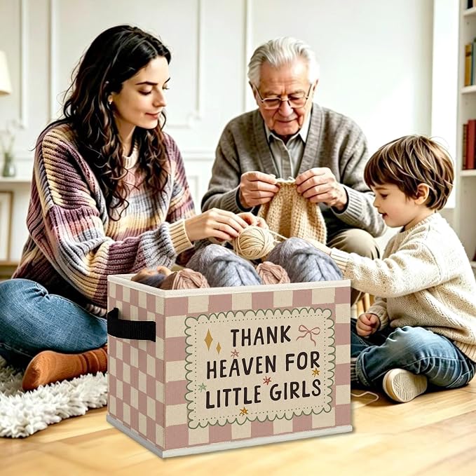 Girl Nursery Cube Storage Bins with Handles, Thank Heaven for Little Girls Pink Checkered Collapsible Fabric Storage Basket Boxes Books Clothes Organizer for Girls Room Bedroom Bathroom