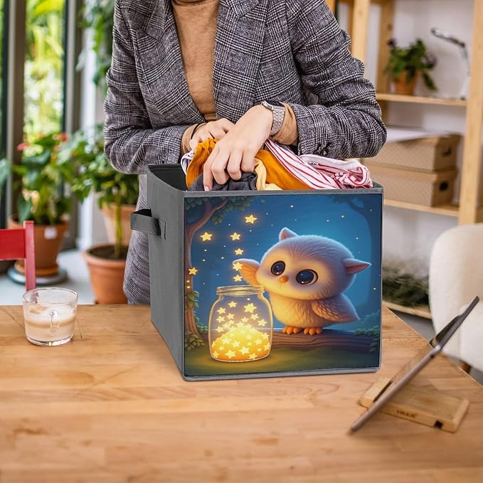 An Owl Wishing Jar Foldable Storage Bins, 10.6" Cube Storage Organizer, Sturdy Oxford Cloth Fabric Baskets for Closet, Shelf, Nursery, Bedroom, Decorative Printed Box for Toys & Clothes