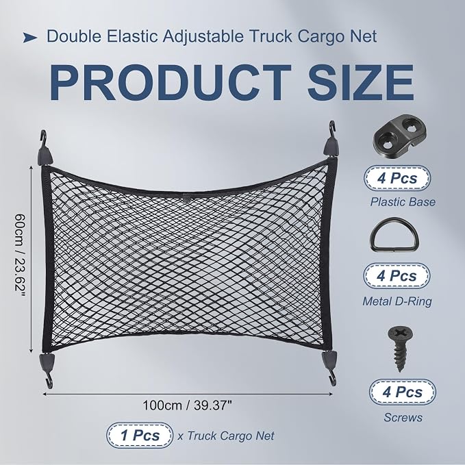 PATIKIL Truck Cargo Net, (39.4 x 23.6 Inch, Black) with Base and D-Ring | Double Elastic Adjustable Trunk Bed Net Stretchable Mesh Storage Organizer Heavy Duty for Pickup Trucks SUV Cars