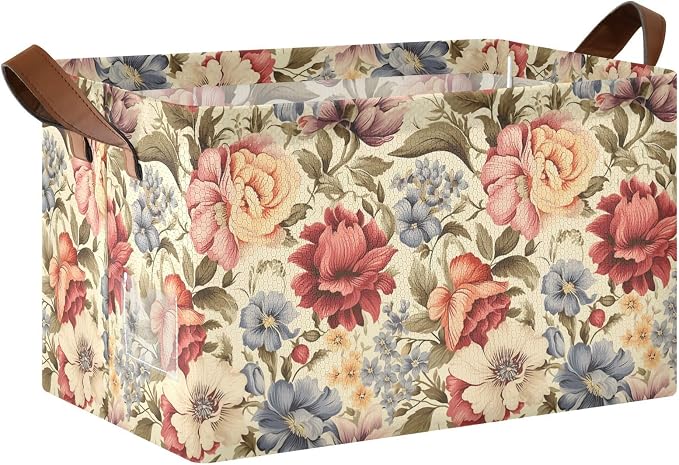 Vintage Peony Flower Retro Floral Storage Basket Foldable Cube Storage Bins with Handles&Label Collapsible Organizer Box Bin Rectangle Decorative Baskets for Shelves Home Living Room Closet